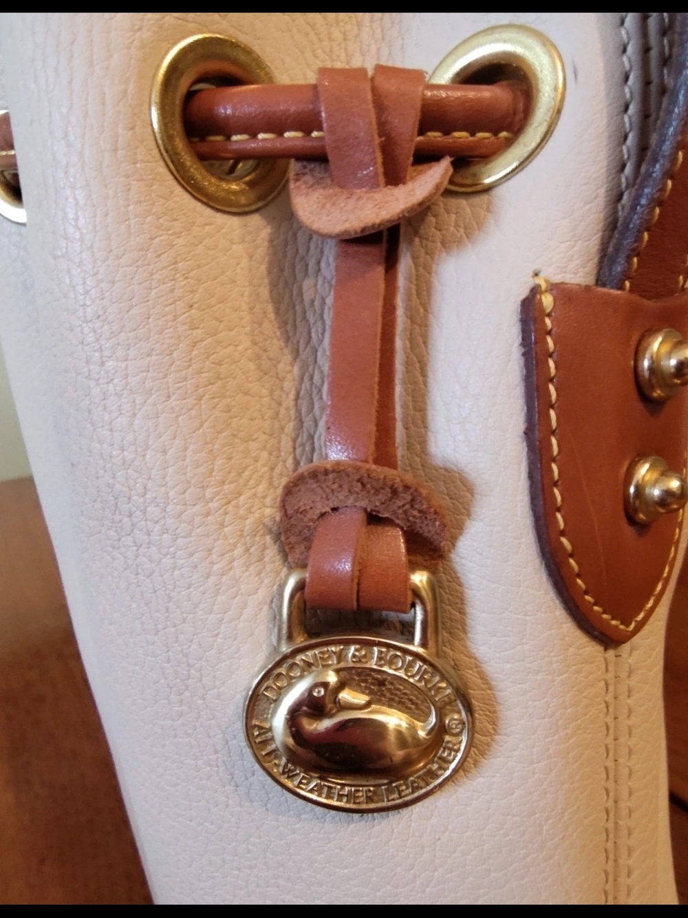 Dooney & Bourke White and Brown Leather Drawstring Bucket Bag - Picture 5 of 8